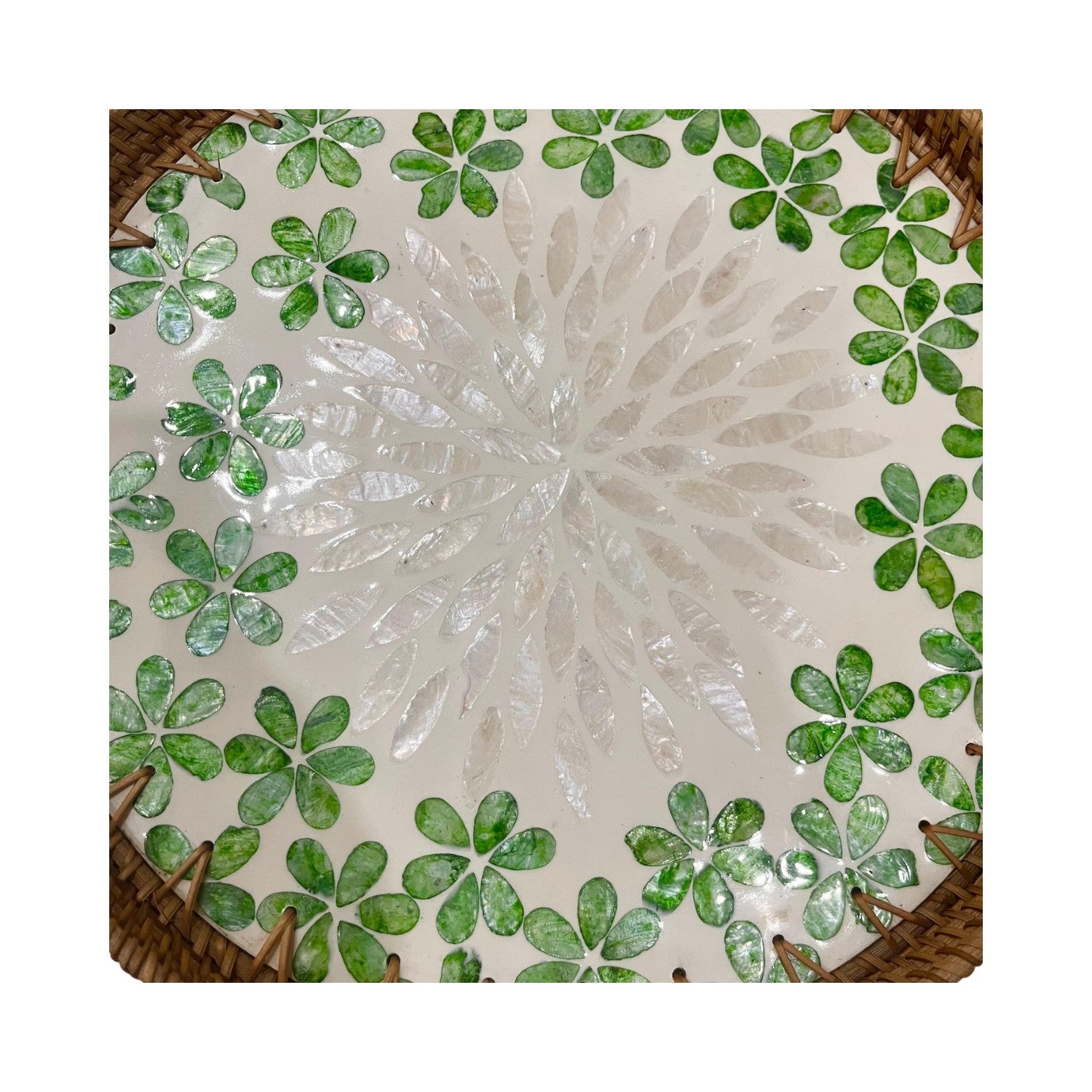 Handcrafted Round Rattan Tray With Mother Of Pearl Inlay 2