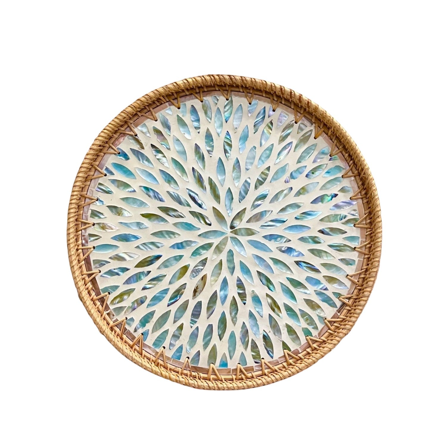 Handcrafted Round Rattan Tray With Mother Of Pearl Inlay 3