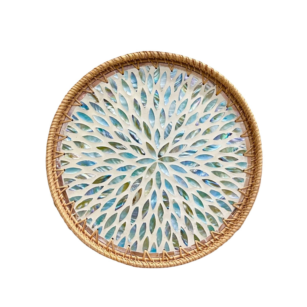 Handcrafted Round Rattan Tray With Mother Of Pearl Inlay 3