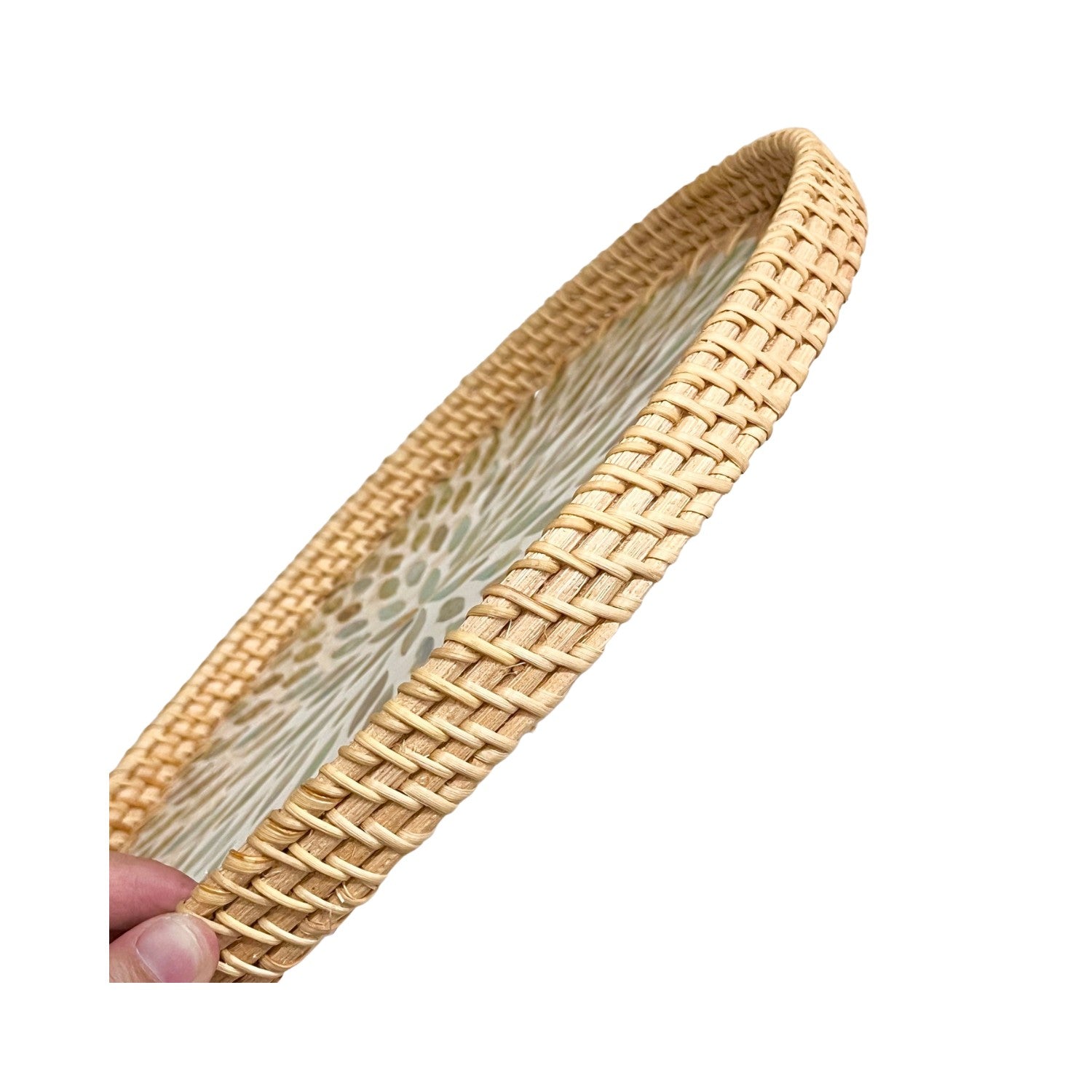Handcrafted Round Rattan Tray With Mother Of Pearl Inlay 3