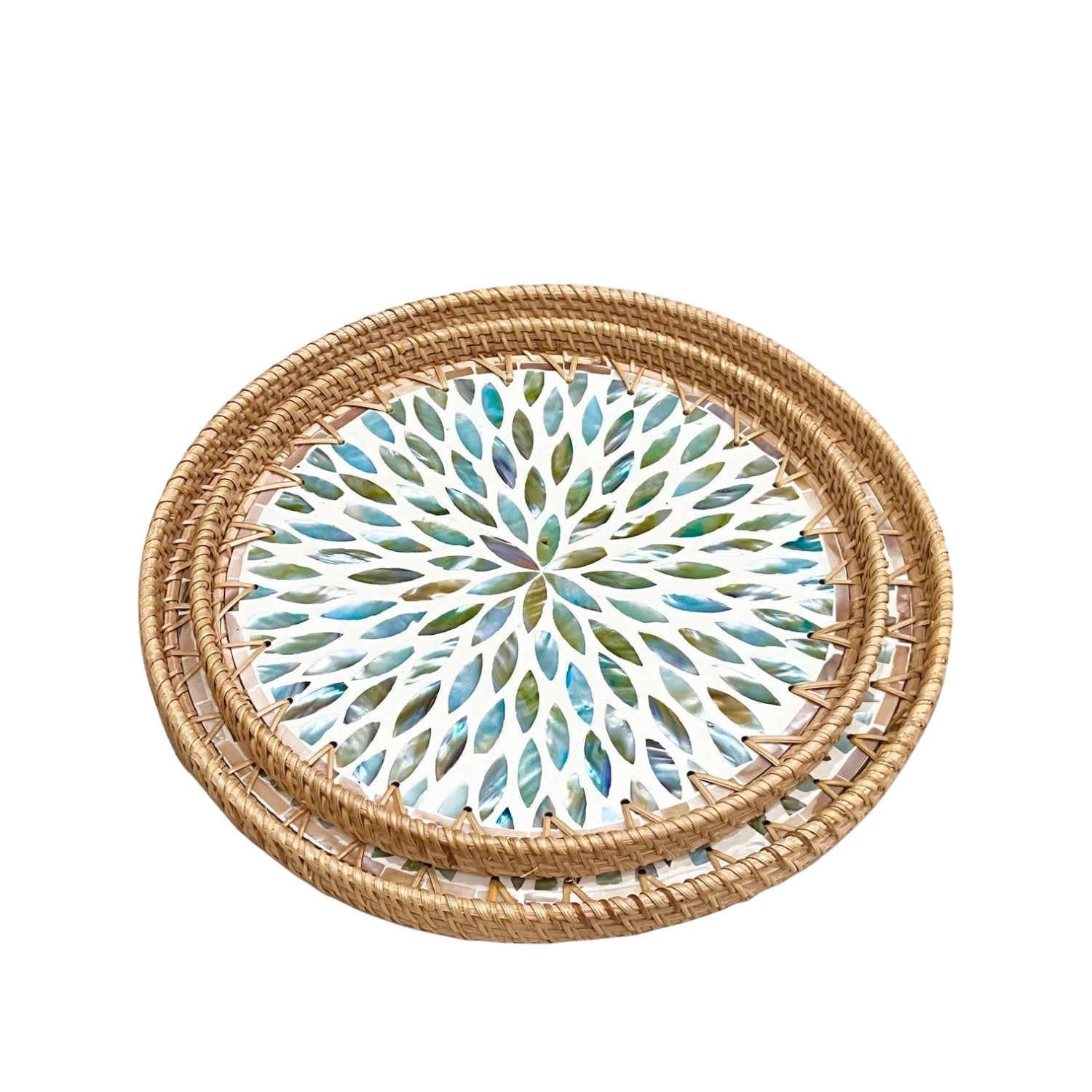 Handcrafted Round Rattan Tray With Mother Of Pearl Inlay 3