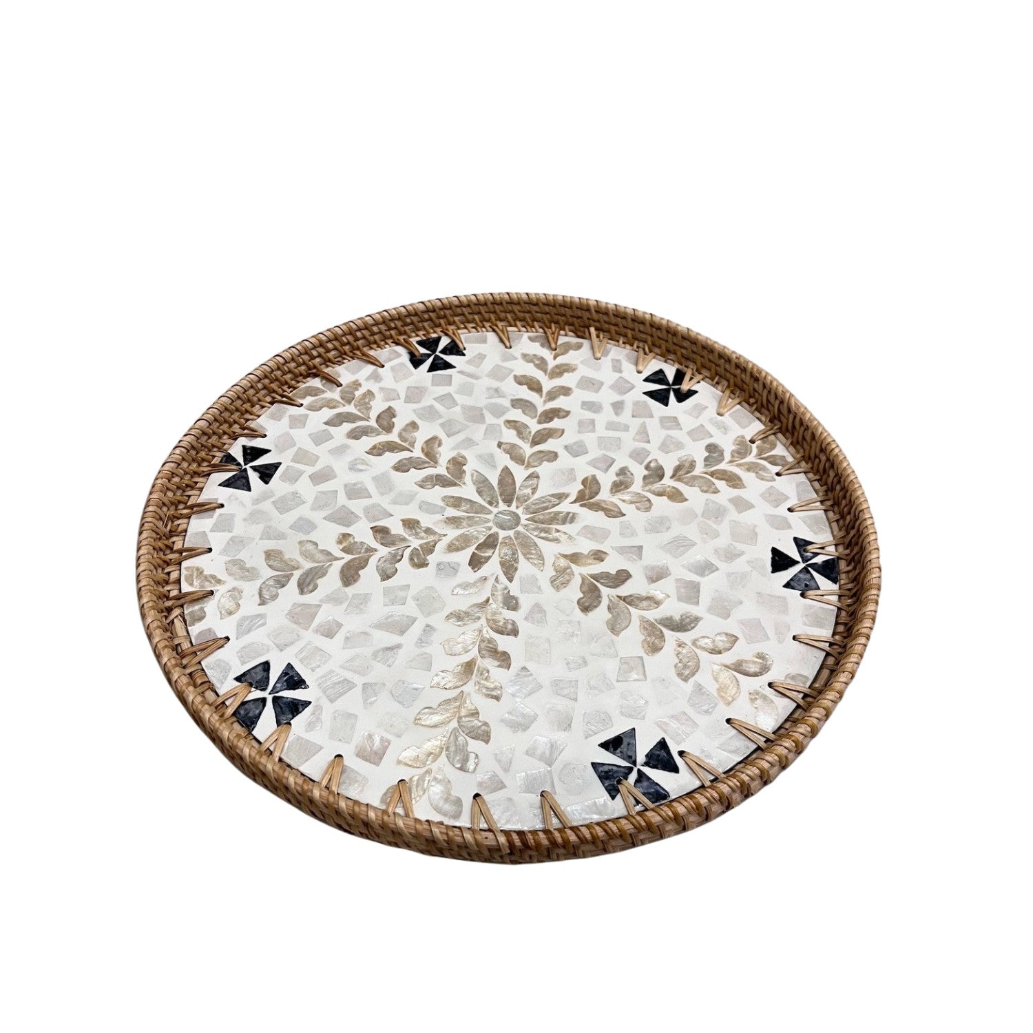 Handcrafted Round Rattan Tray With Mother Of Pearl Inlay 4