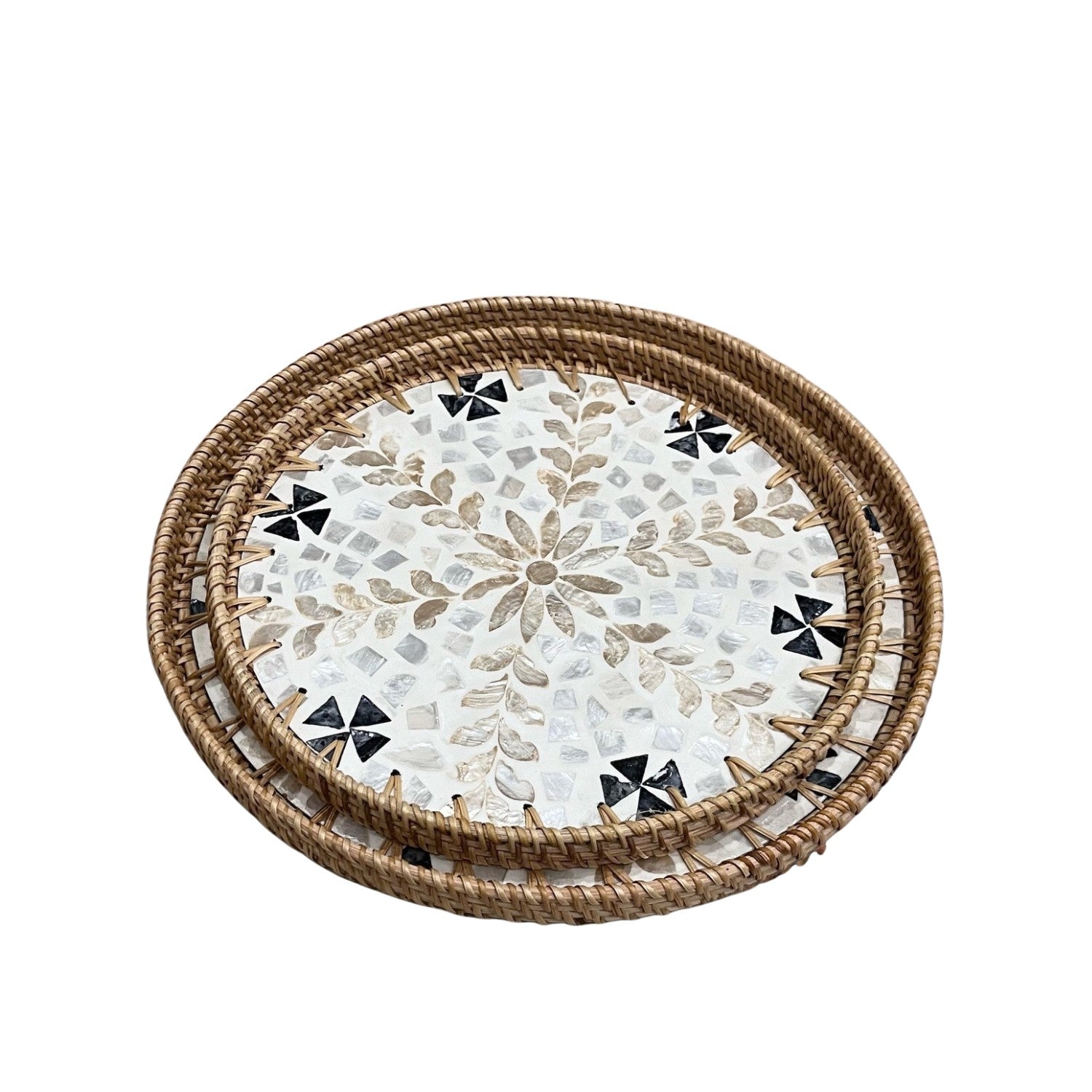 Handcrafted Round Rattan Tray With Mother Of Pearl Inlay 4