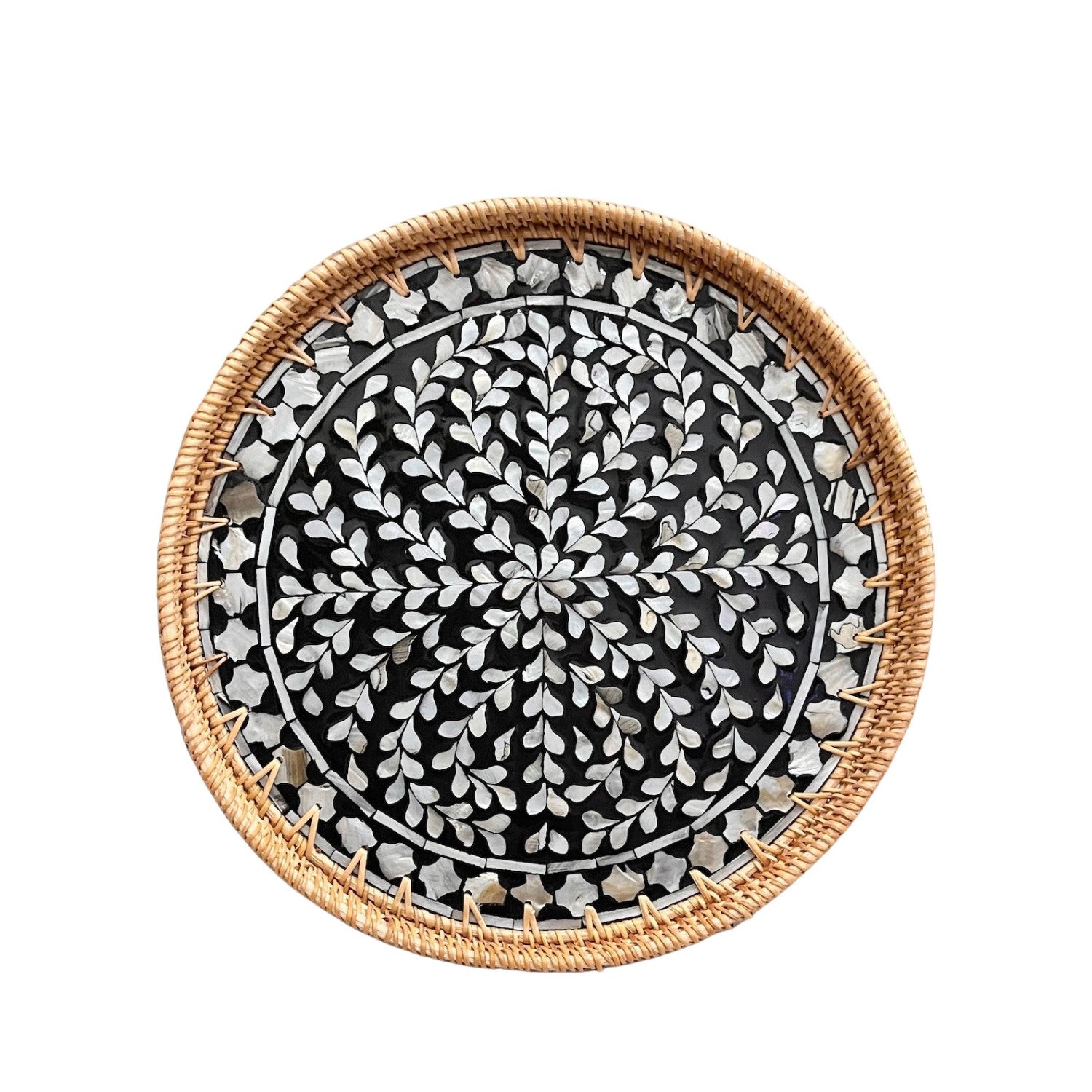 Handcrafted Round Rattan Tray With Mother Of Pearl Inlay 5