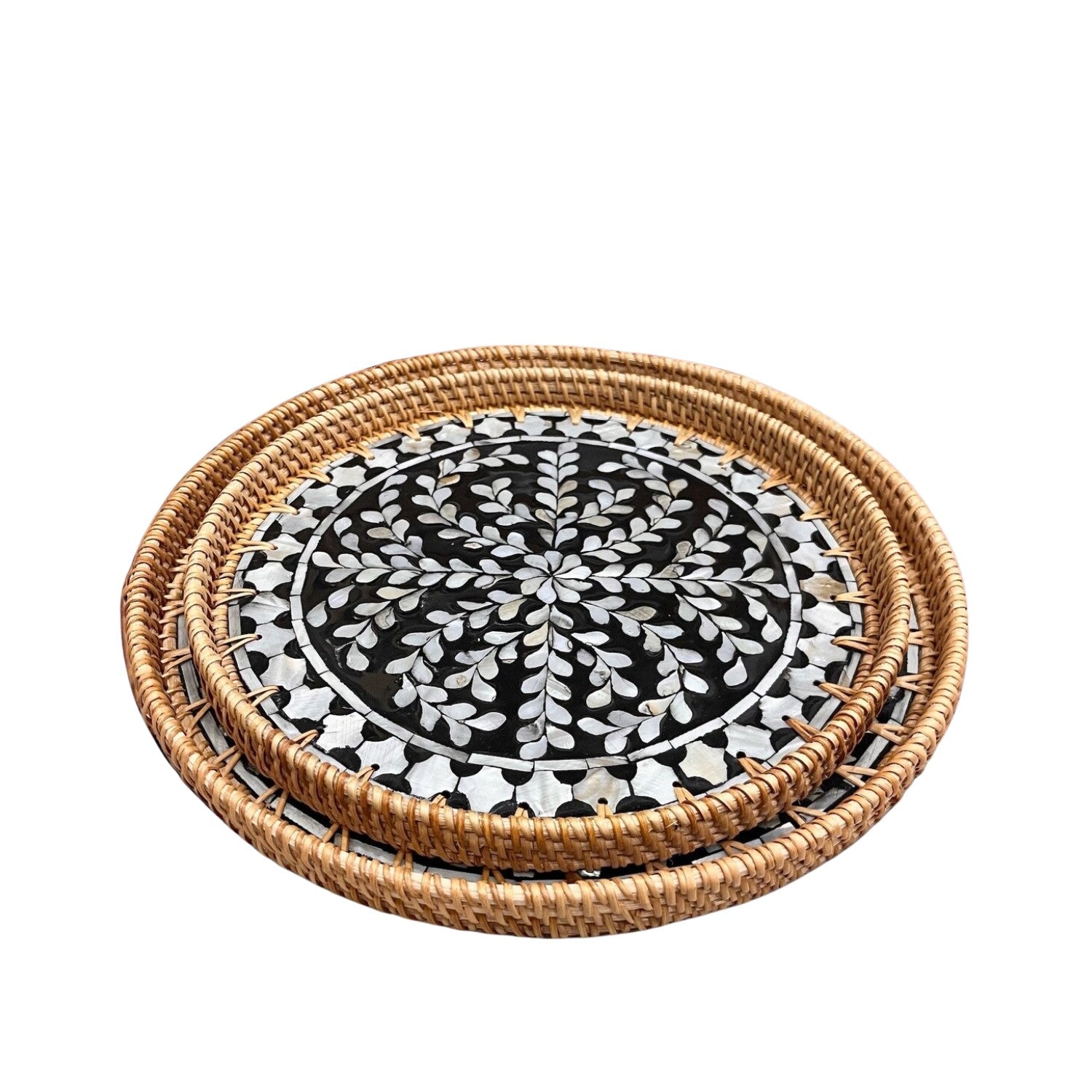 Handcrafted Round Rattan Tray With Mother Of Pearl Inlay 5