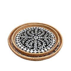 Handcrafted Round Rattan Tray With Mother Of Pearl Inlay 5