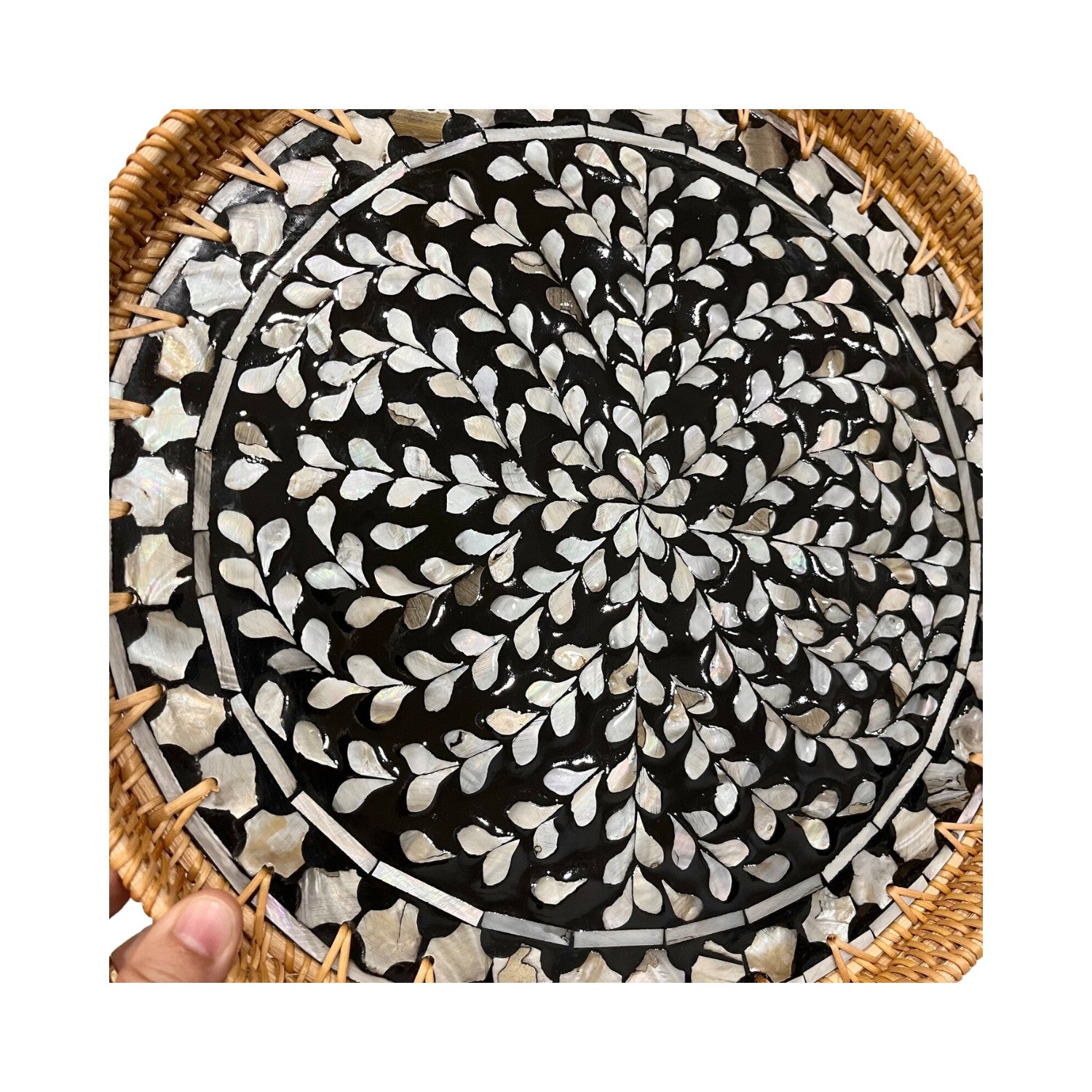 Handcrafted Round Rattan Tray With Mother Of Pearl Inlay 5