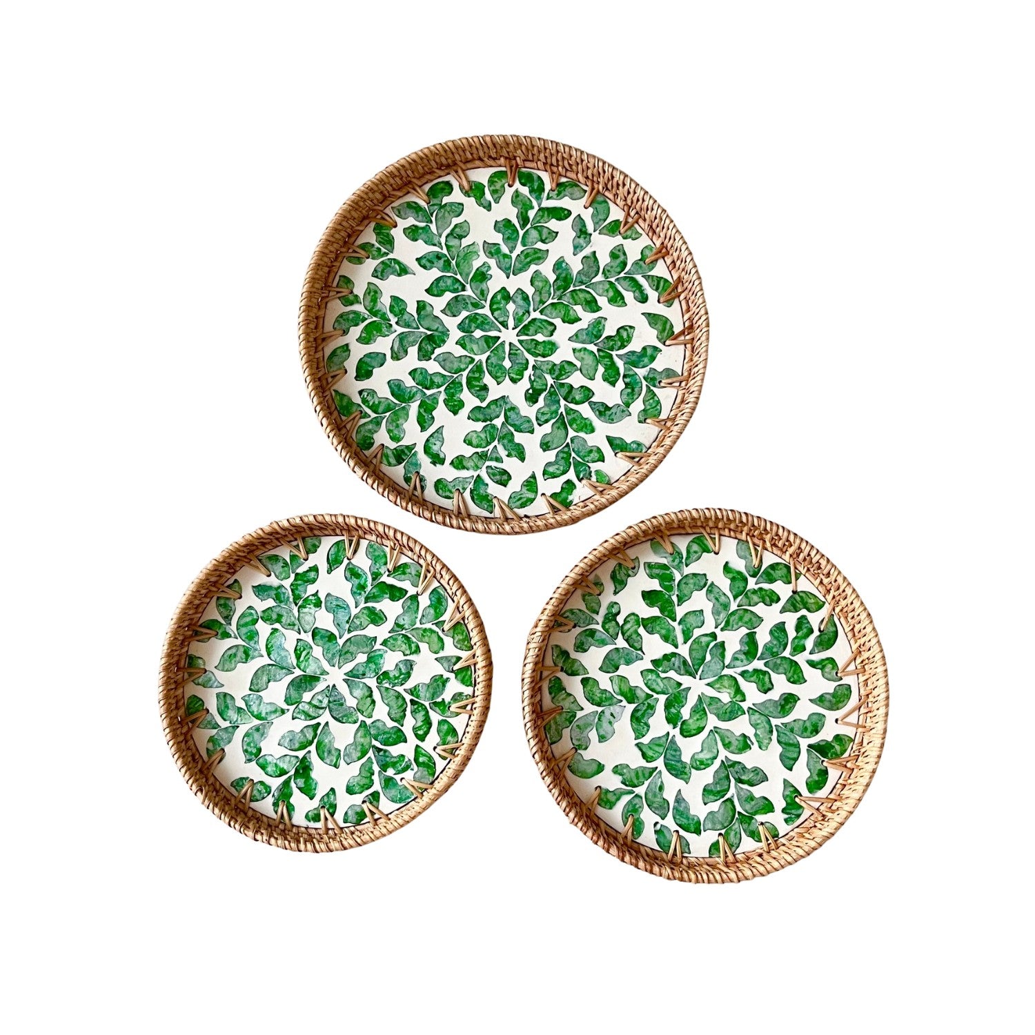Handcrafted Round Rattan Tray With Mother Of Pearl Inlay