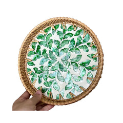Handcrafted Round Rattan Tray With Mother Of Pearl Inlay