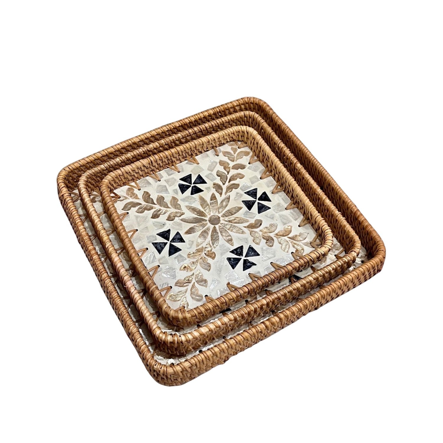 Handcrafted Square Tray Rattan Tray With Mother Of Pearl Inlay