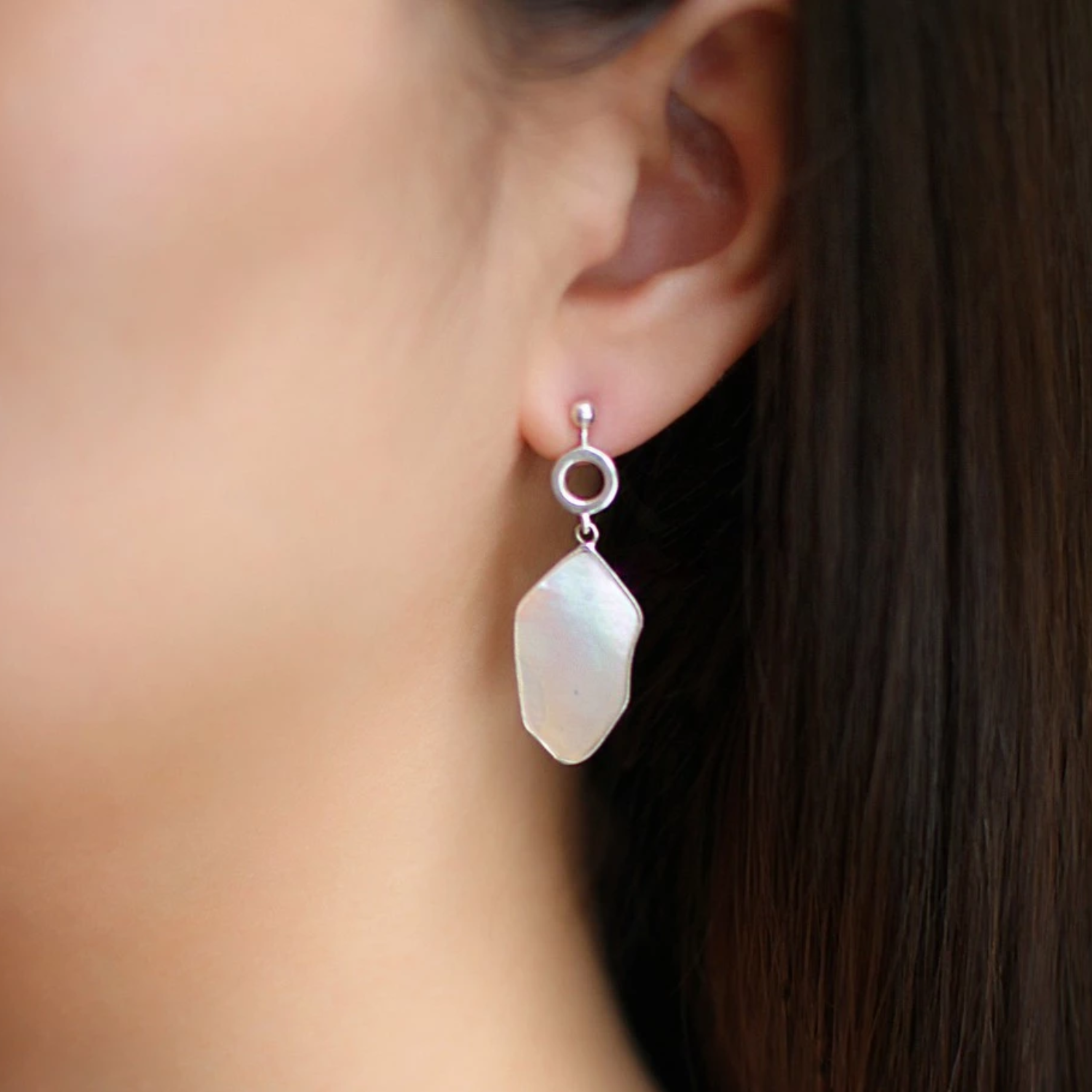 Handcrafted Silver Hexagonal Abalone Shell Earrings