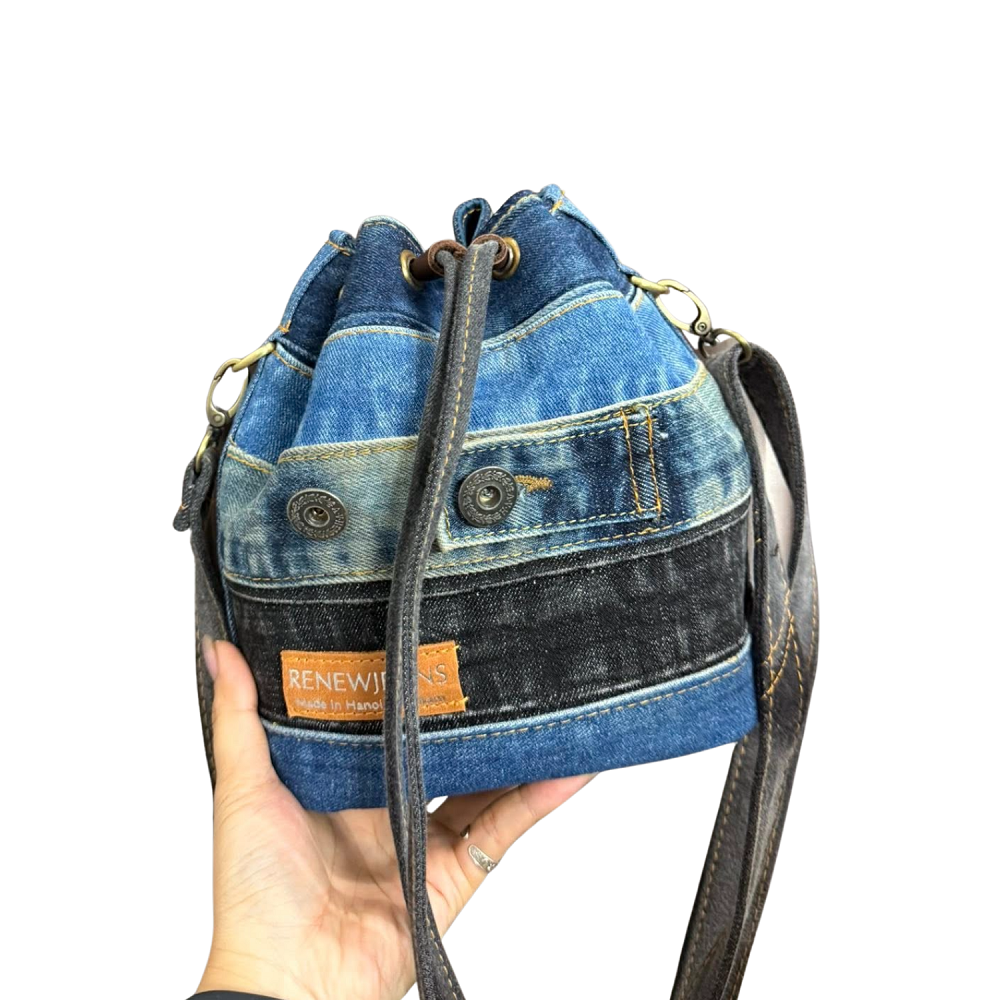 Handmade Upcycled Denim Drawstring Bag 2