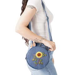 Handmade Upcycled Denim Round Embroidered Box Bag