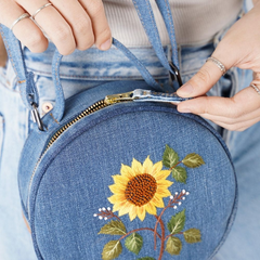 Handmade Upcycled Denim Round Embroidered Box Bag