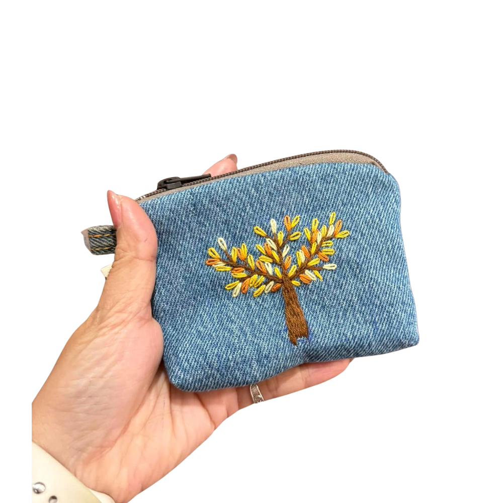 Handmade Upcycled Denim Small embroidered wallet 1