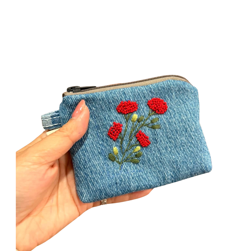 Handmade Upcycled Denim Small embroidered wallet 1