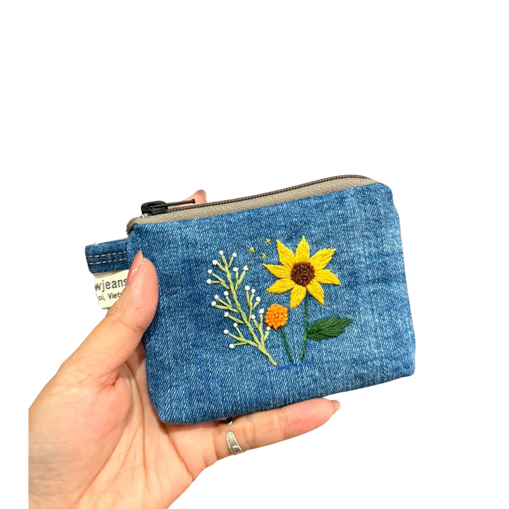 Handmade Upcycled Denim Small embroidered wallet 1