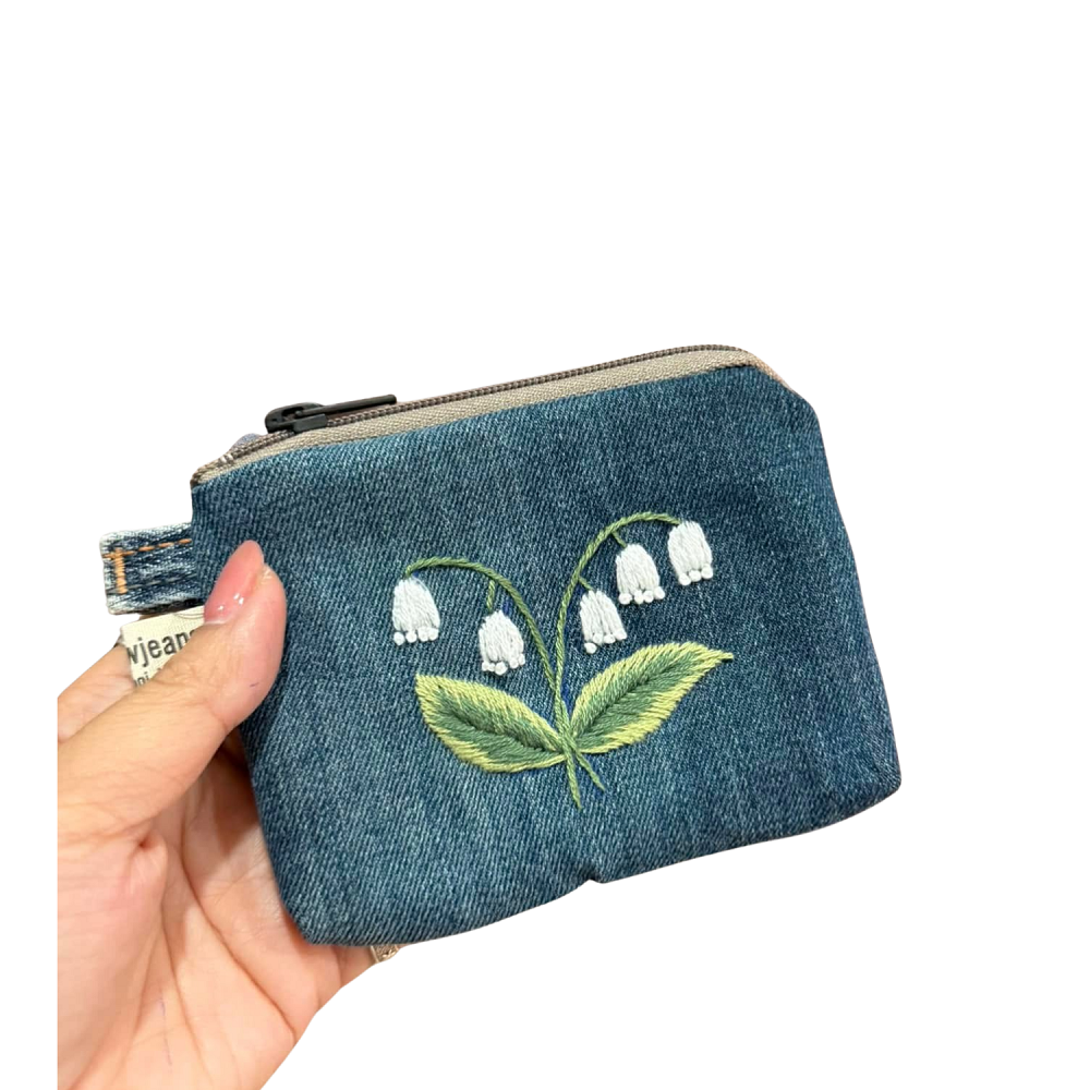 Handmade Upcycled Denim Small embroidered wallet 1