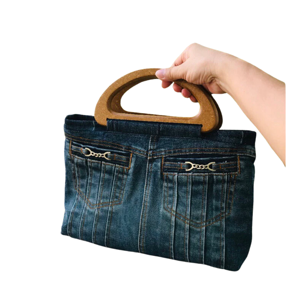 Handmade Upcycled Denim Wooden Handle Handbag