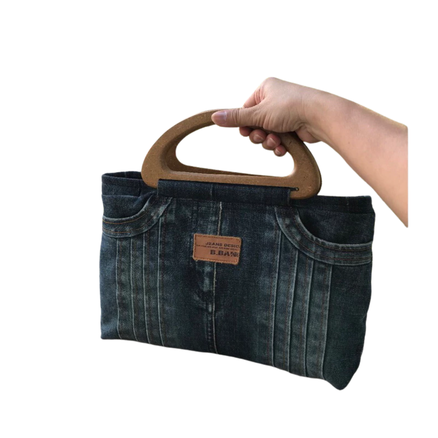 Handmade Upcycled Denim Wooden Handle Handbag