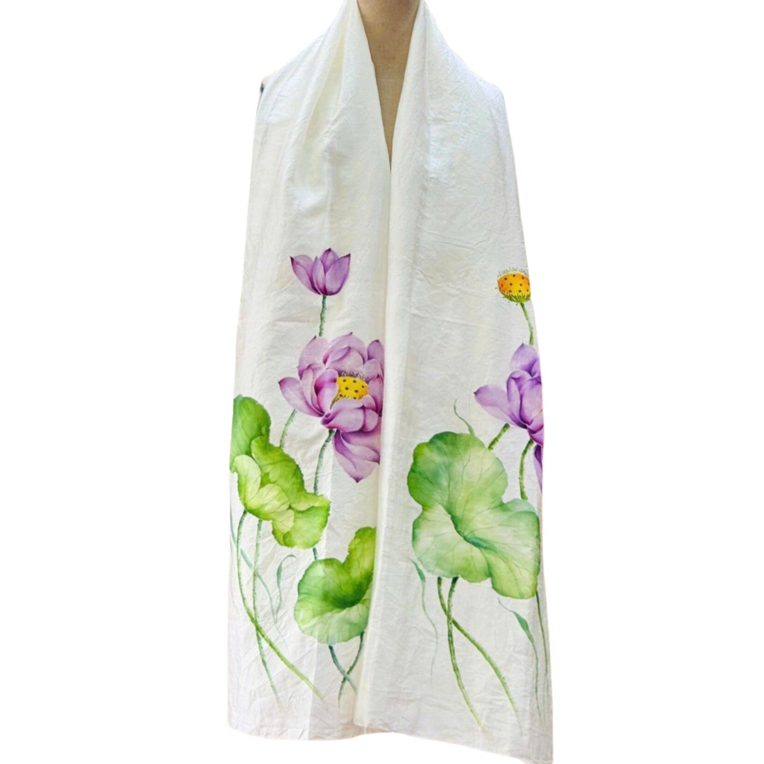 Lotus painted scarf Mulberry Silk Handcrafted