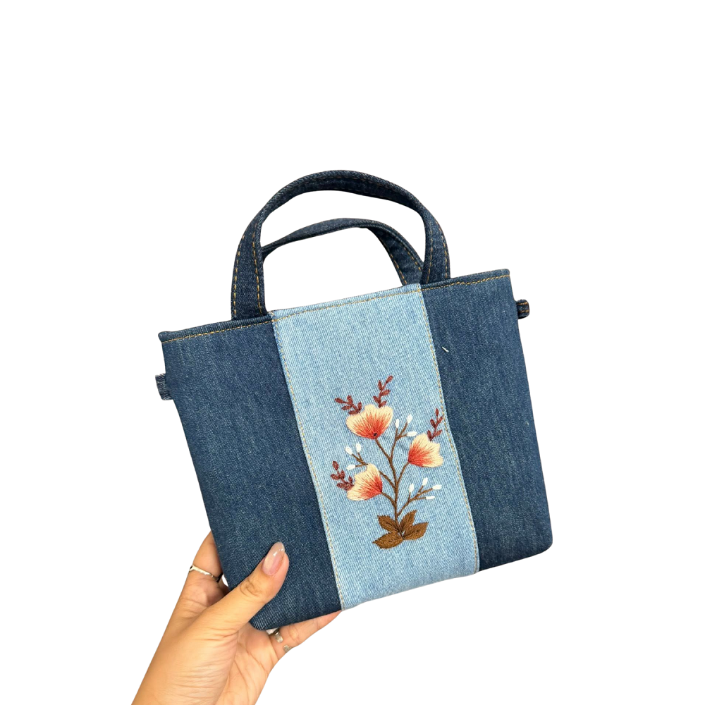 Handmade Upcycled Denim Mini Embroidered Tote Bag