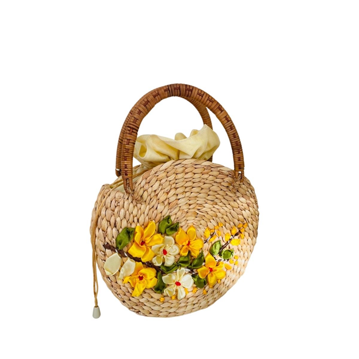 Round Water Hyacinth Bag With Rattan Handle