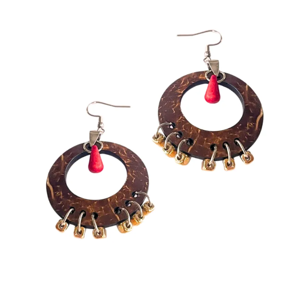 Round Coconut Earrings with Beads And Red Turquoise Stone