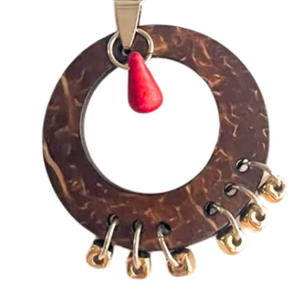 Round Coconut Earrings with Beads And Red Turquoise Stone