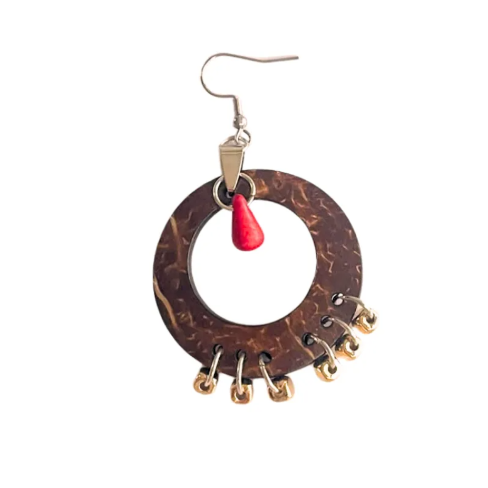Round Coconut Earrings with Beads And Red Turquoise Stone
