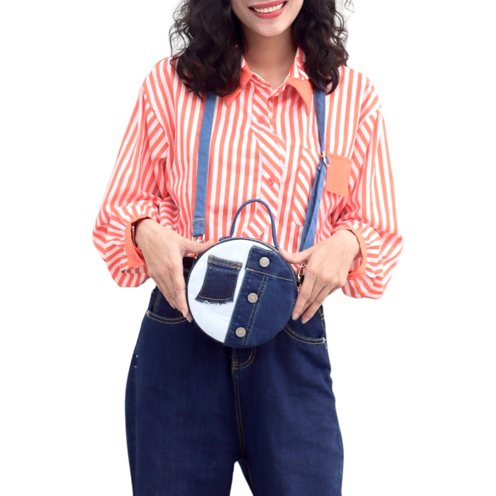 Handmade Upcycled Denim Round Crossbody Bag