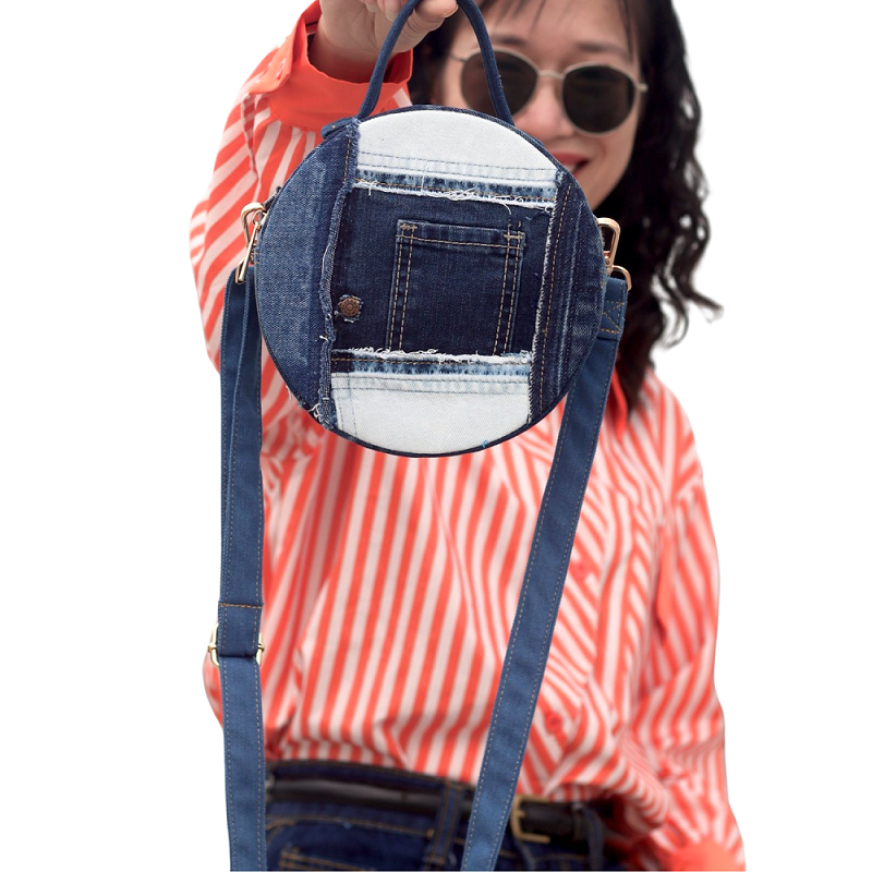 Handmade Upcycled Denim Round Crossbody Bag