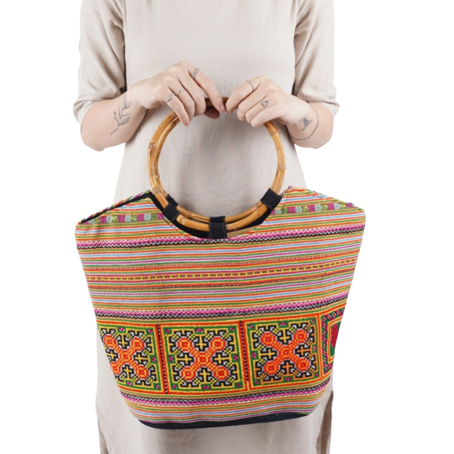 Hand Woven Brocade Bag with Round Handle