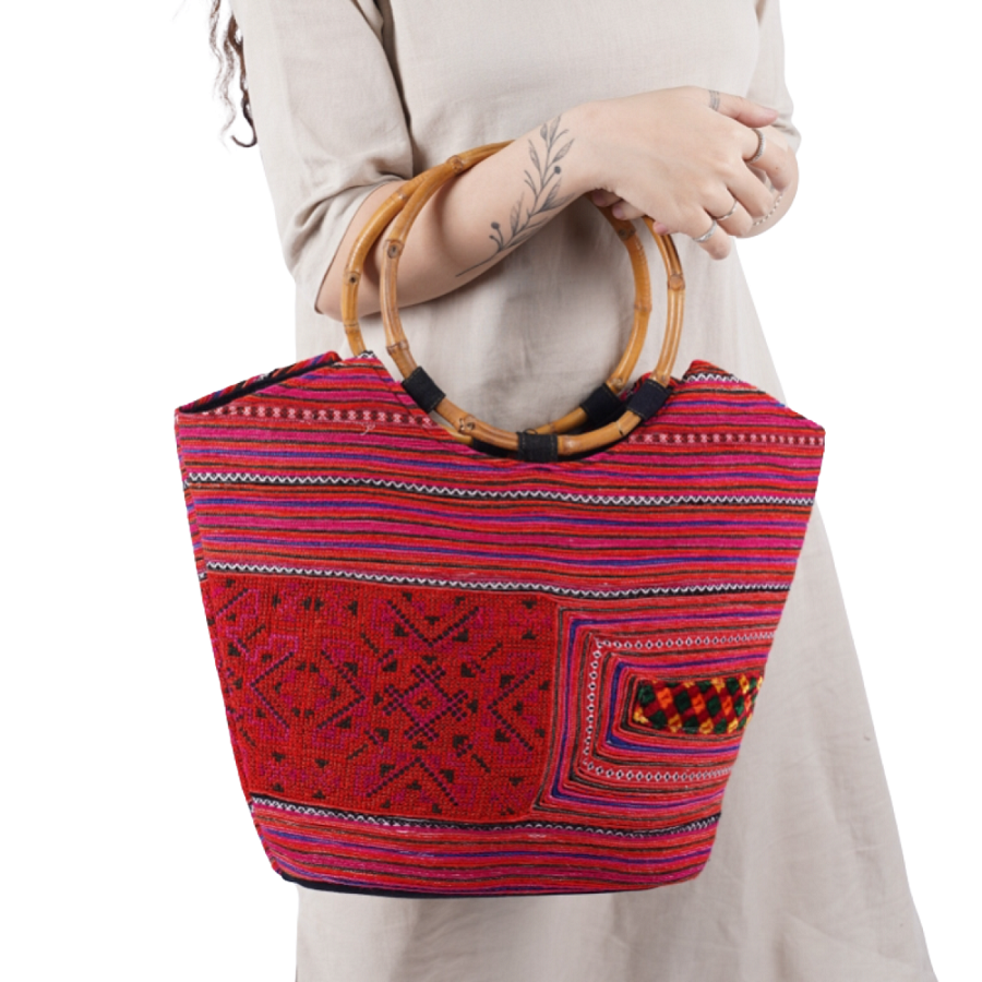 Hand Woven Brocade Bag with Round Handle