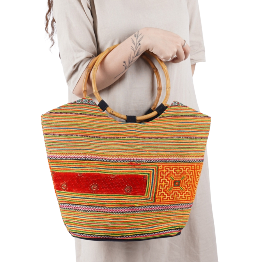 Hand Woven Brocade Bag with Round Handle