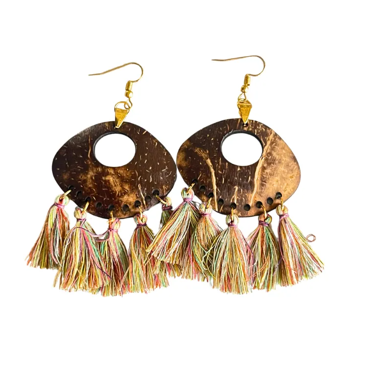 Style Coconut Earrings With Tasses, Rainbow Colors