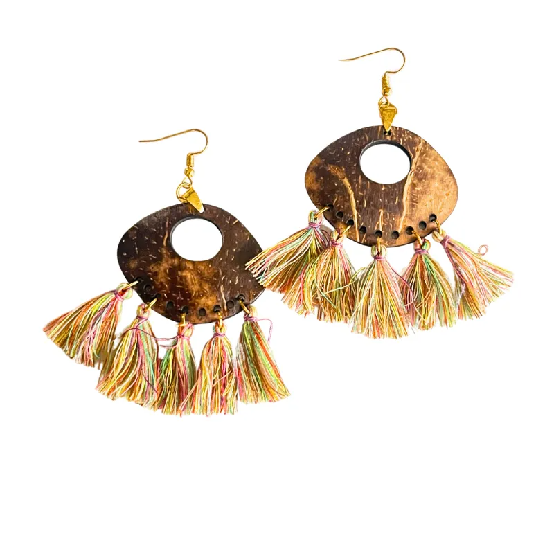 Style Coconut Earrings With Tasses, Rainbow Colors