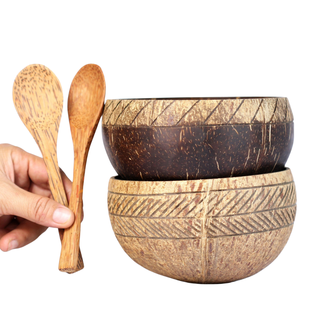 Set Of 2 Coconut Shell Bowls And 2 Spoons With Random Patterns