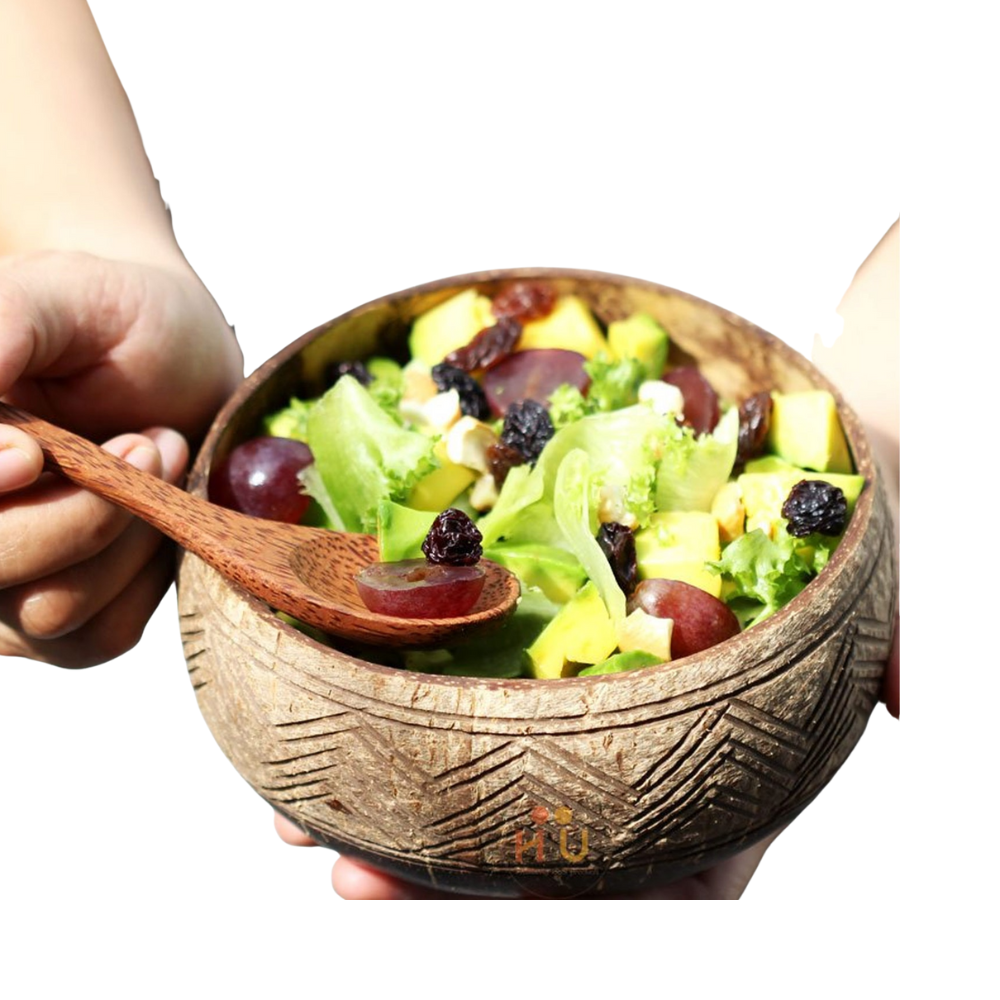 Set Of 2 Coconut Shell Bowls And 2 Spoons With Random Patterns