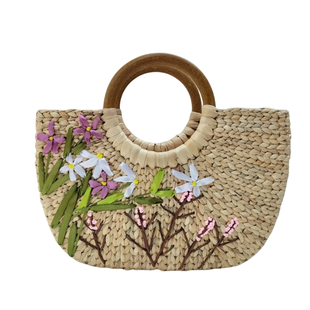 Square Water Hyacinth Bag with Wooden Handle 2