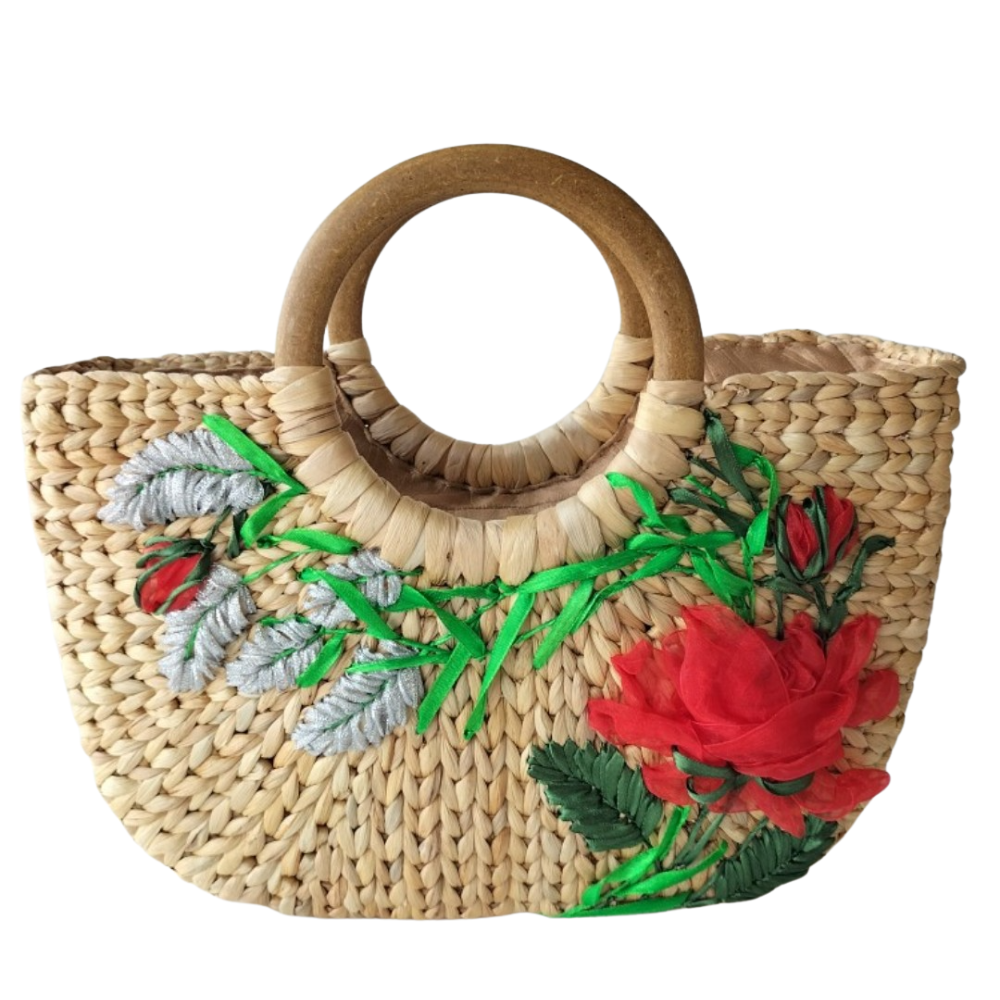 Square Water Hyacinth Bag with Wooden Handle 3