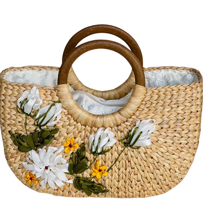 Square Water Hyacinth Bag with Wooden Handle 1