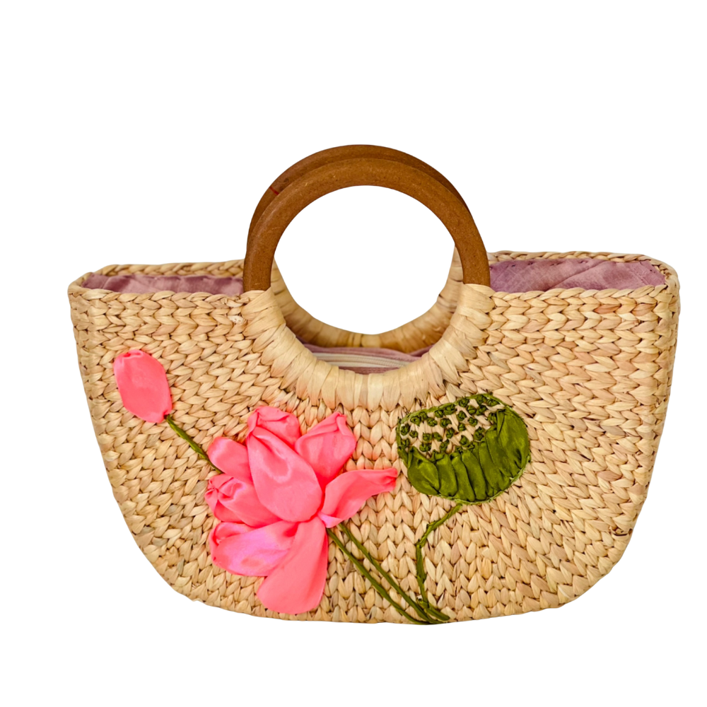 Square Water Hyacinth Bag with Wooden Handle 3
