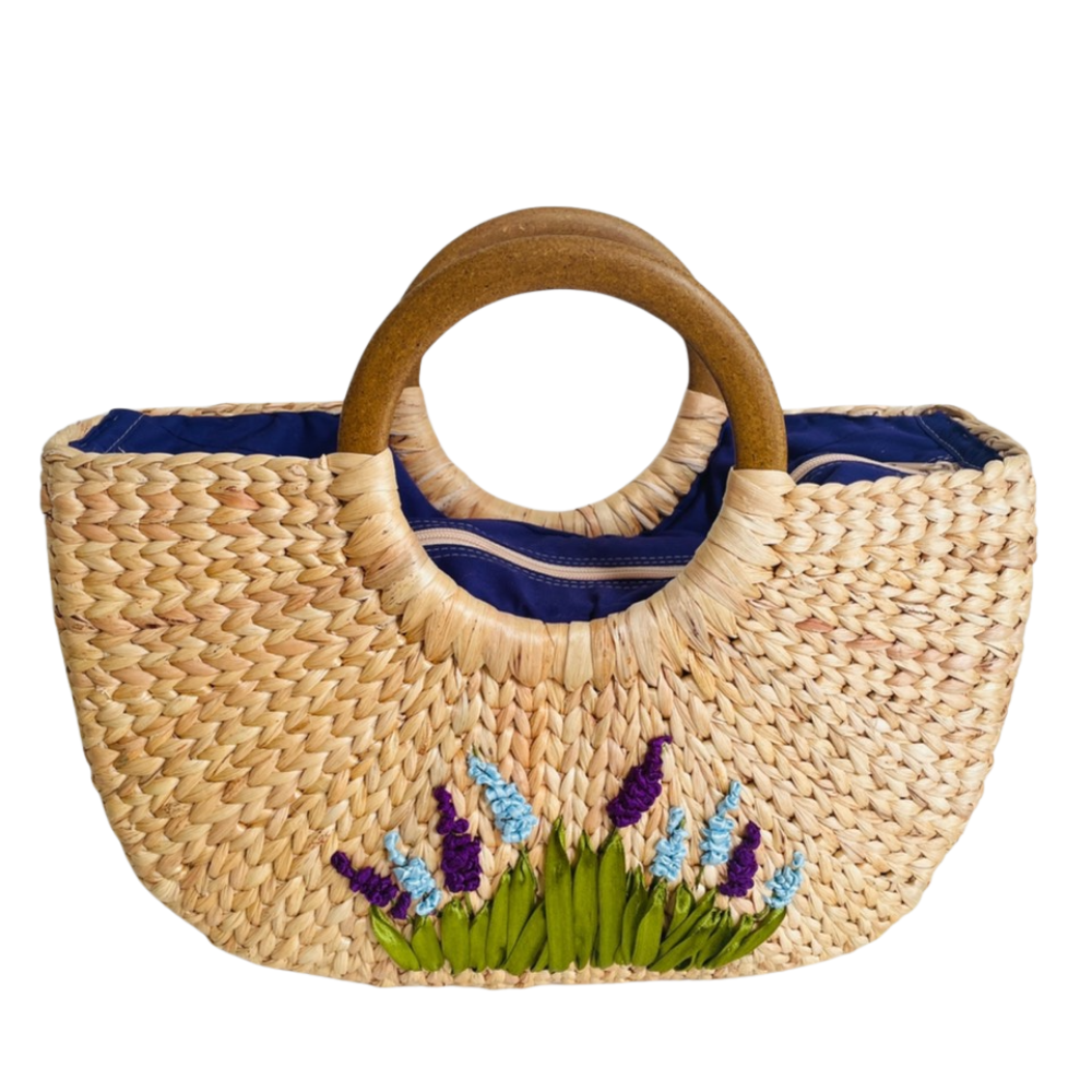 Square Water Hyacinth Bag with Wooden Handle 3