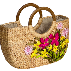 Square Water Hyacinth Bag with Wooden Handle 2