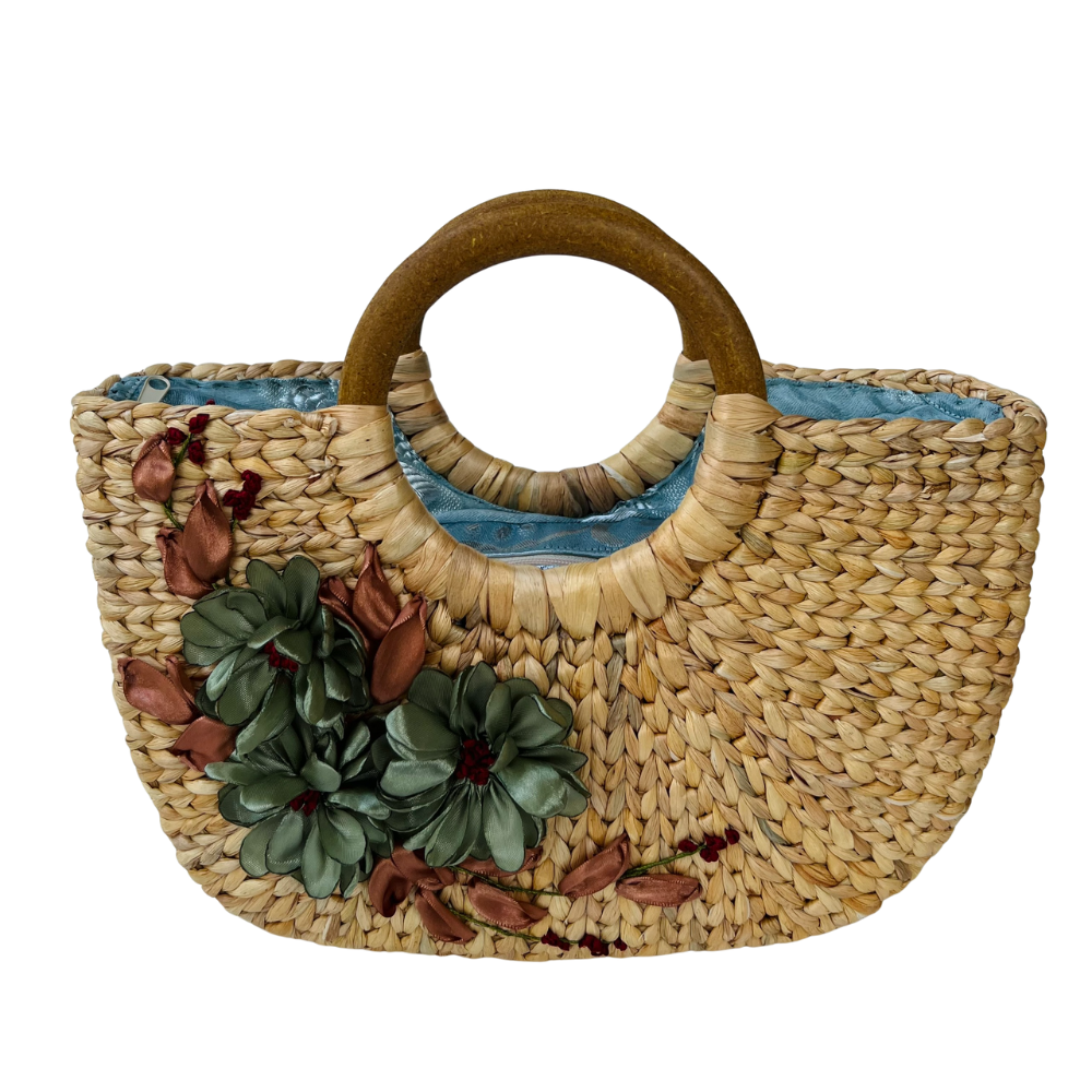 Square Water Hyacinth Bag with Wooden Handle 2