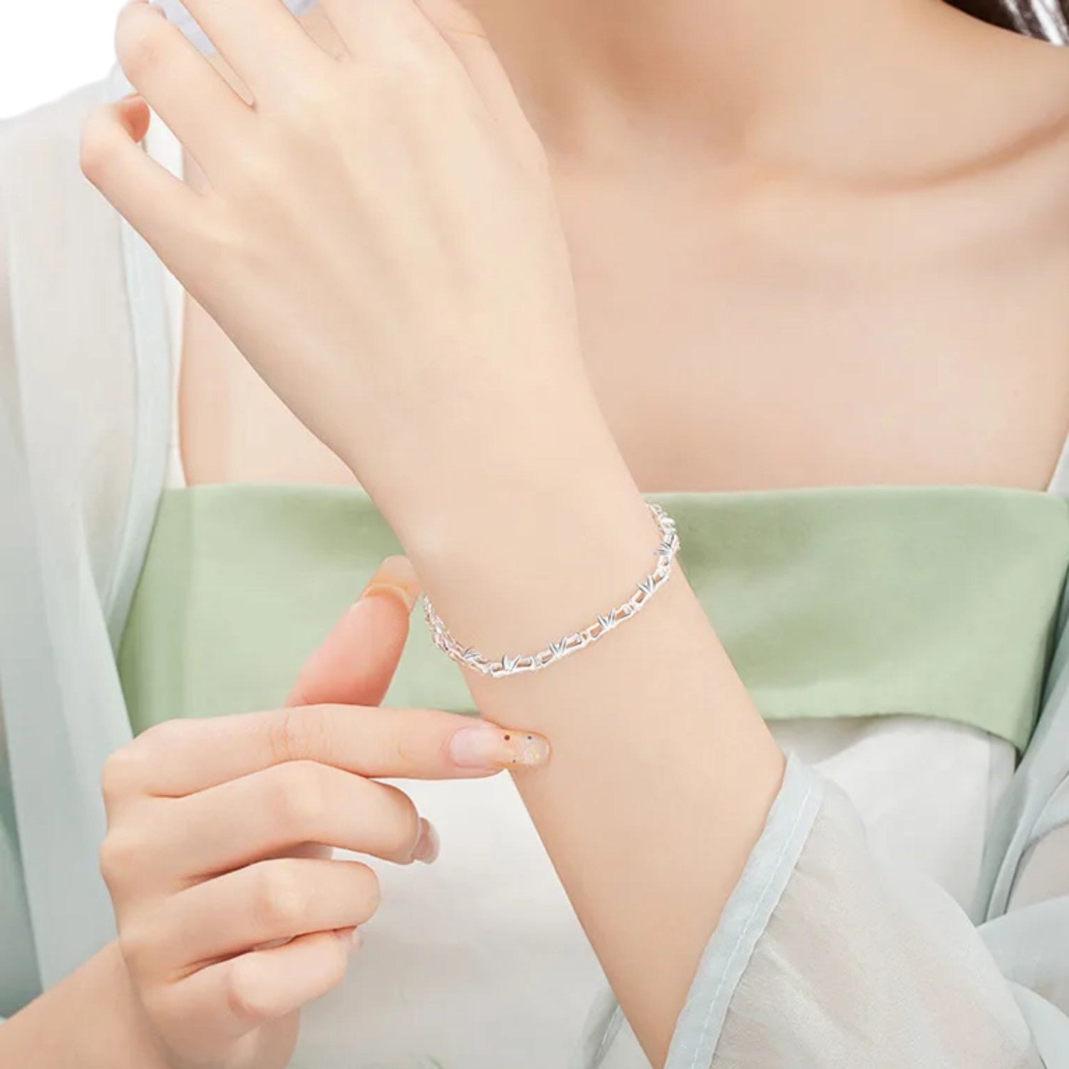 Women's Bracelet In The Shape Of A Bamboo Tree Handcrafted 999 Fine Silver
